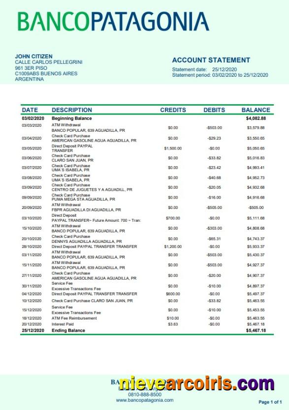 Argentina Banco Patagonia bank statement